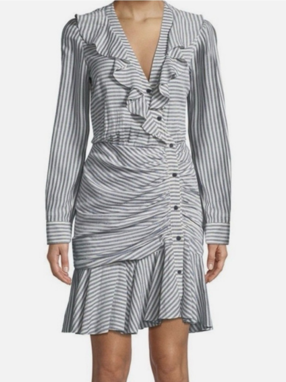 Veronica Beard Kai Ruffle Striped Swiss Dot Long Sleeve Dress
